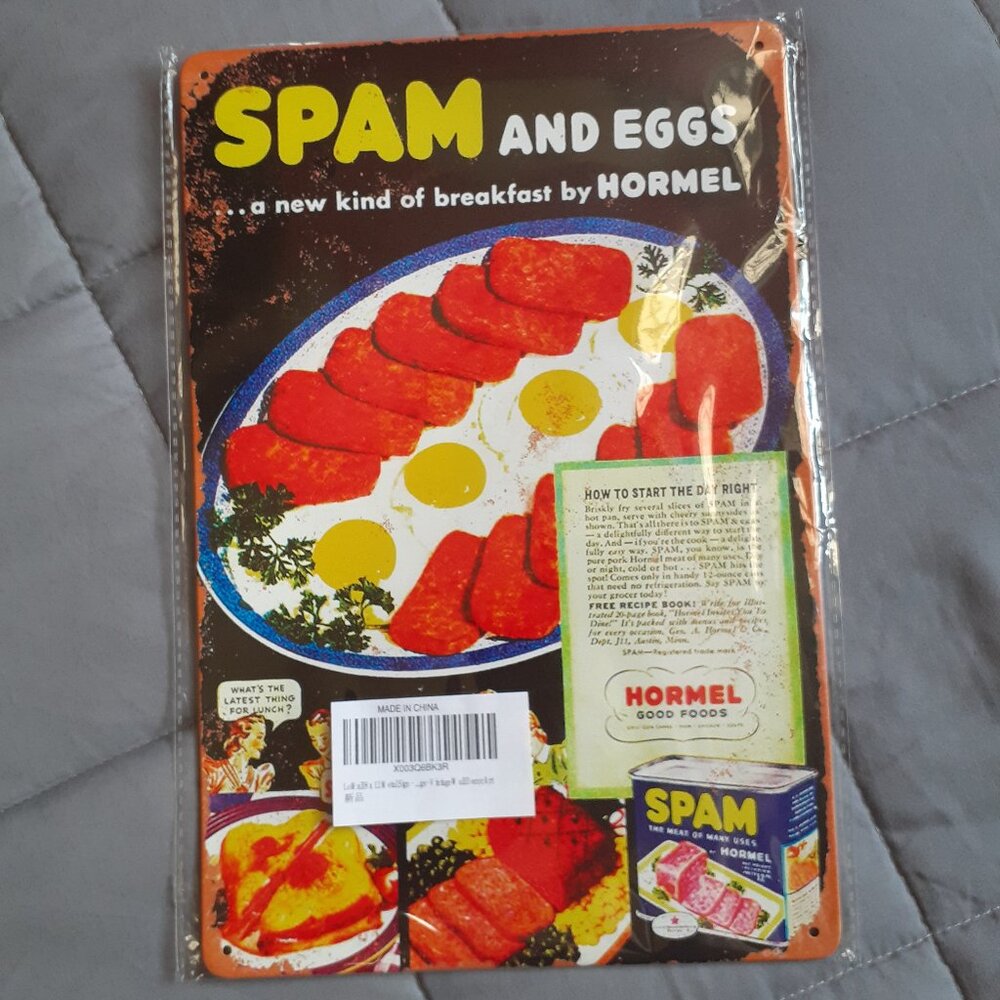 Spam and Eggs Tin Sign 8x12 Retro 50s Diner Wall Art Decor